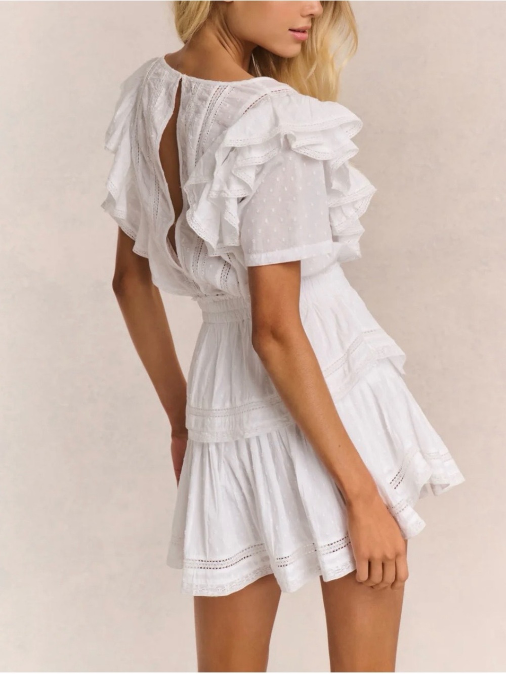 LoveShackFancy- Natasha Double Ruffled Flutter Sleeve White Mini Dress. Size: XS - Picture 2 of 10
